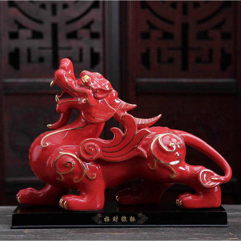 Ceramic Pi Xiu Sculpture & Statue | Fengshui | Good Fortune and Prosperity | Home Decor | Office Blessing | White and Red Pi Xiu