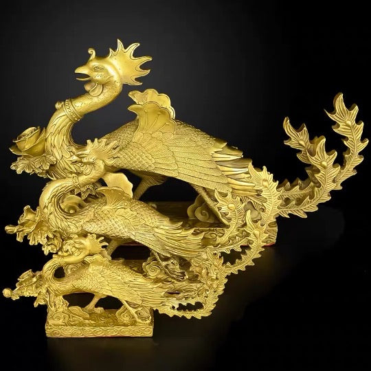 Brass Dragon Phoenix Sculpture & Statue | Fengshui | Good Fortune and Prosperity | Home Decor and Business Display