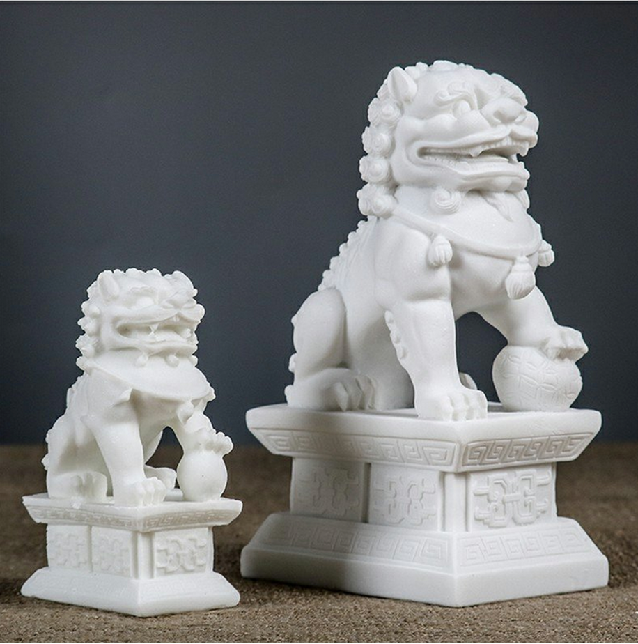 Auspicious White Color Foo Dogs Guardian Lion Sculpture & Statue | Fengshui | Home Decor | Office Blessing | Chinese architectural culture