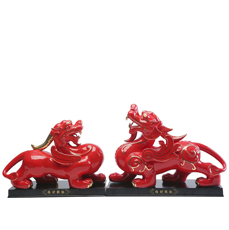 Ceramic Pi Xiu Sculpture & Statue | Fengshui | Good Fortune and Prosperity | Home Decor | Office Blessing | White and Red Pi Xiu