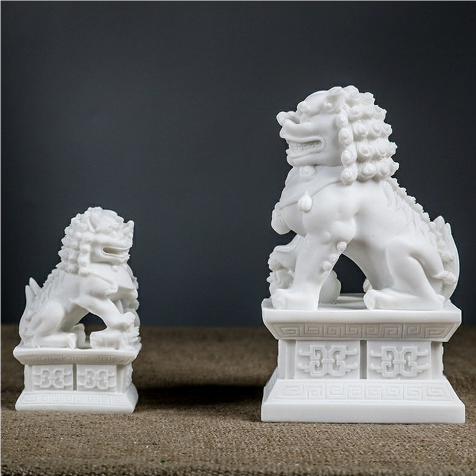 Auspicious White Color Foo Dogs Guardian Lion Sculpture & Statue | Fengshui | Home Decor | Office Blessing | Chinese architectural culture