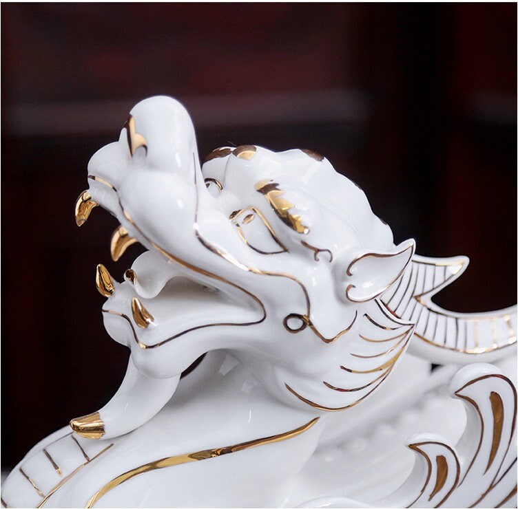 Ceramic Pi Xiu Sculpture & Statue | Fengshui | Good Fortune and Prosperity | Home Decor | Office Blessing | White and Red Pi Xiu