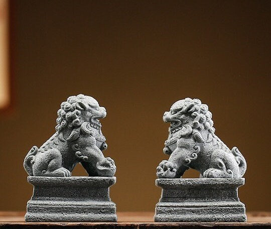 Auspicious Cement Foo Dogs Guardian Lion Sculpture & Statue | Fengshui | Home Decor | Office Blessing | Chinese architectural