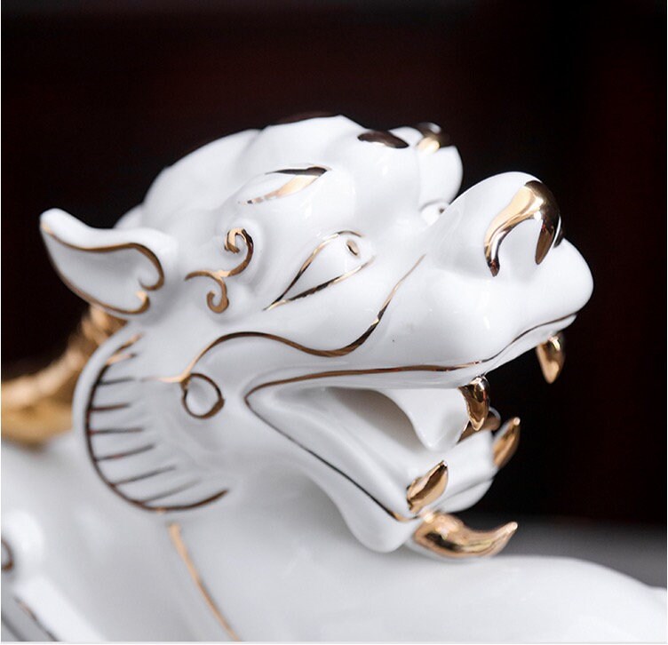 Ceramic Pi Xiu Sculpture & Statue | Fengshui | Good Fortune and Prosperity | Home Decor | Office Blessing | White and Red Pi Xiu