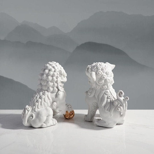 Auspicious White Color Foo Dogs Guardian Lion Sculpture & Statue | Fengshui | Home Decor | Office Blessing | Chinese architectural