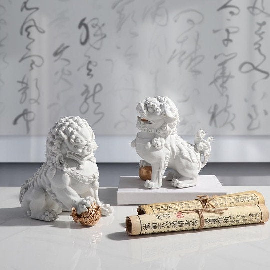 Auspicious White Color Foo Dogs Guardian Lion Sculpture & Statue | Fengshui | Home Decor | Office Blessing | Chinese architectural