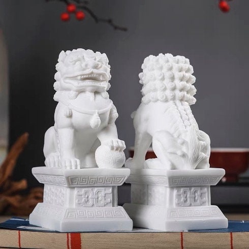 Auspicious White Color Foo Dogs Guardian Lion Sculpture & Statue | Fengshui | Home Decor | Office Blessing | Chinese architectural culture
