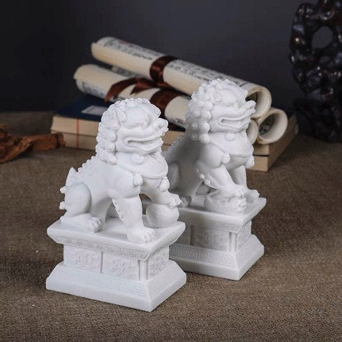 Auspicious White Color Foo Dogs Guardian Lion Sculpture & Statue | Fengshui | Home Decor | Office Blessing | Chinese architectural culture