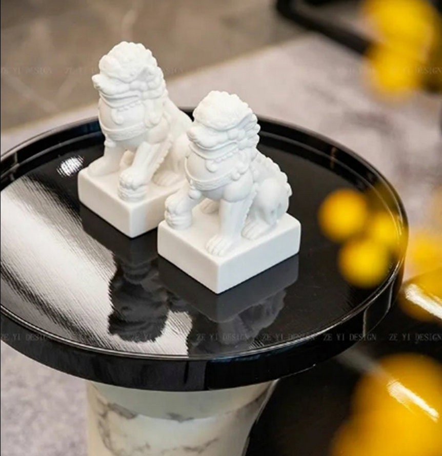 Auspicious White Color Foo Dogs Guardian Lion Sculpture & Statue | Fengshui | Home Decor | Office Blessing | Chinese architectural culture