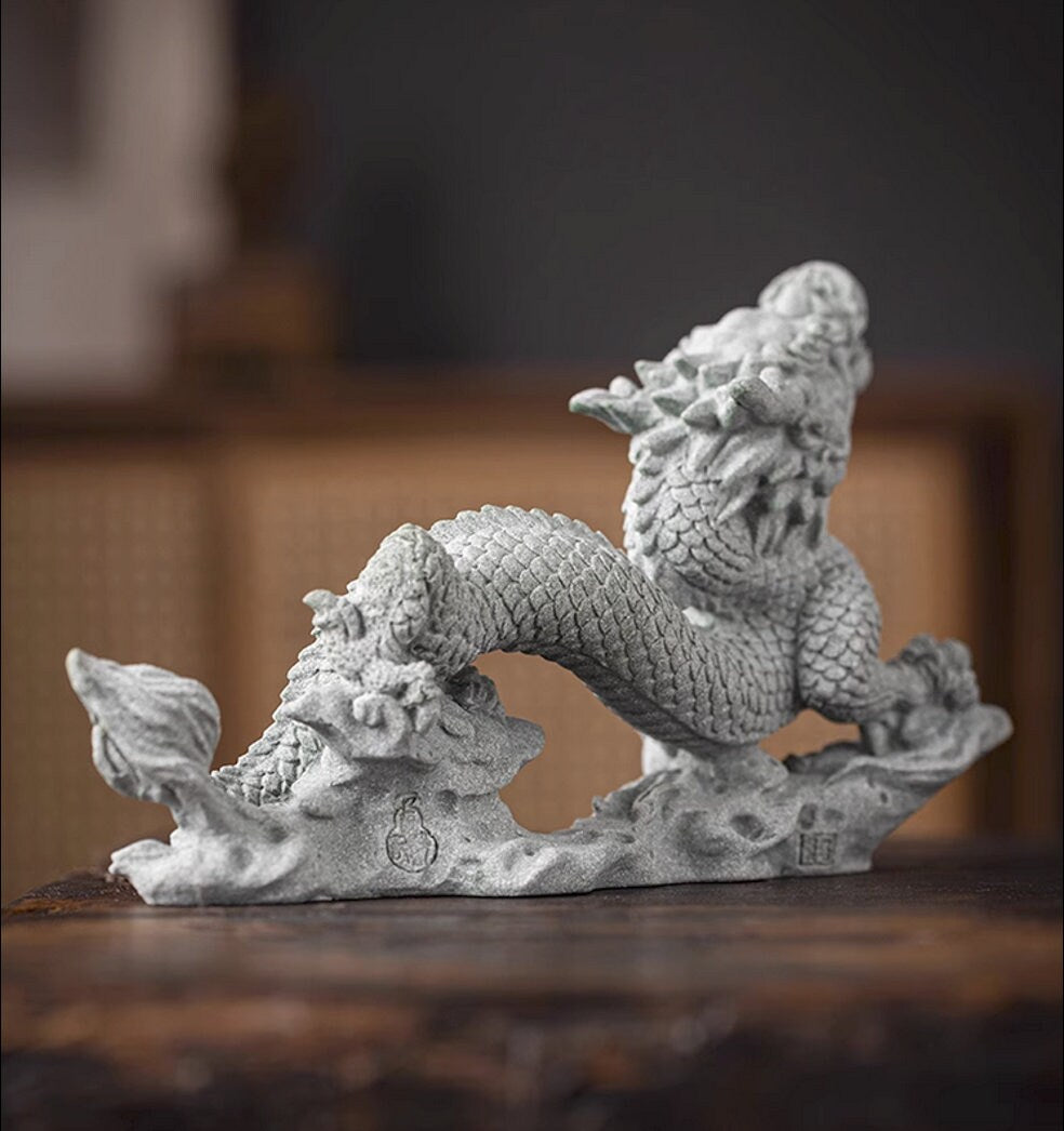 Green Sandstone Dragon Sculpture & Statue | Fengshui | Good Fortune and Prosperity | Home and Office Display