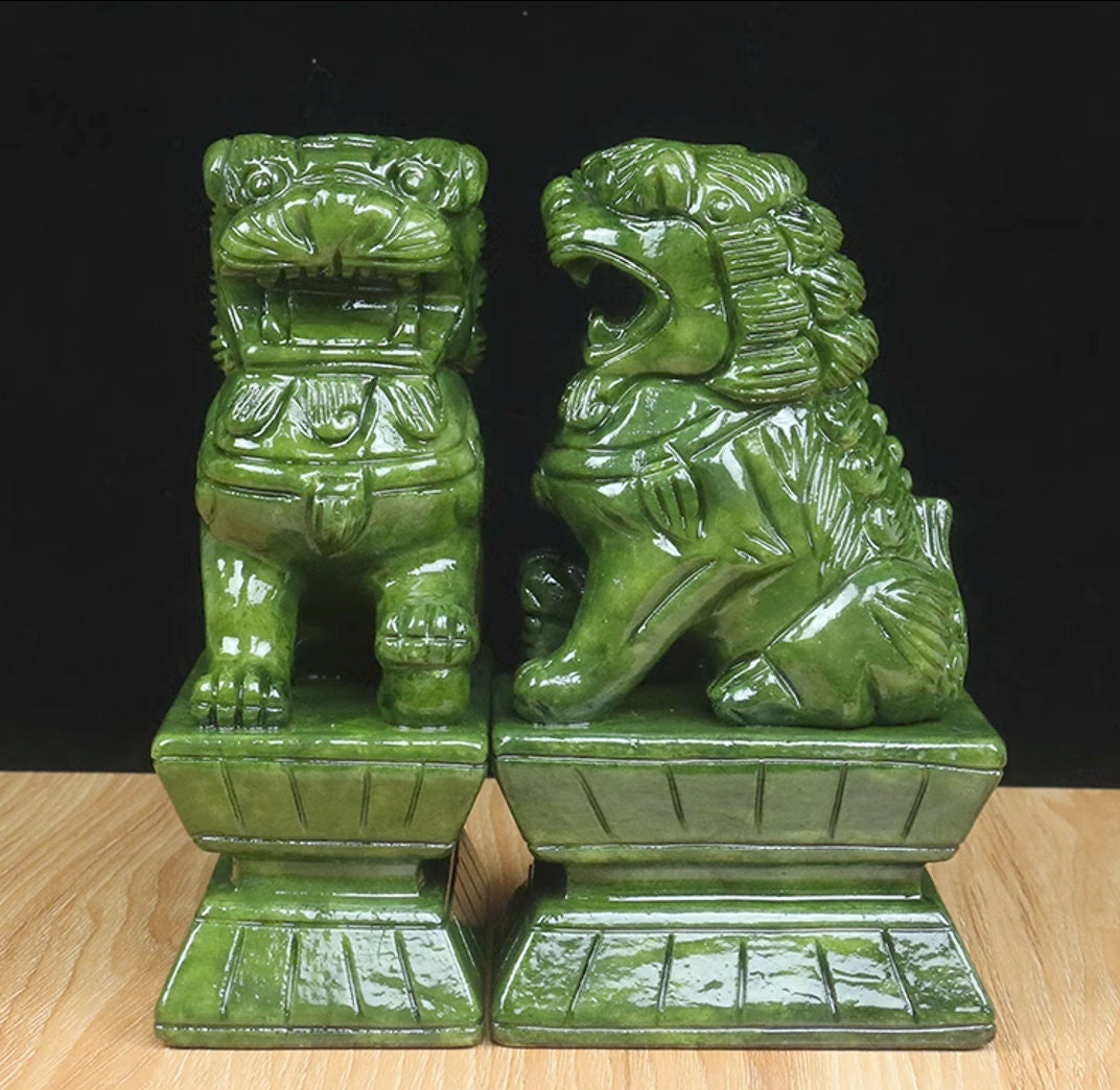 Auspicious Green Color Foo Dogs Guardian Lion Sculpture & Statue | Fengshui | Home Decor | Office Blessing | Chinese architectural
