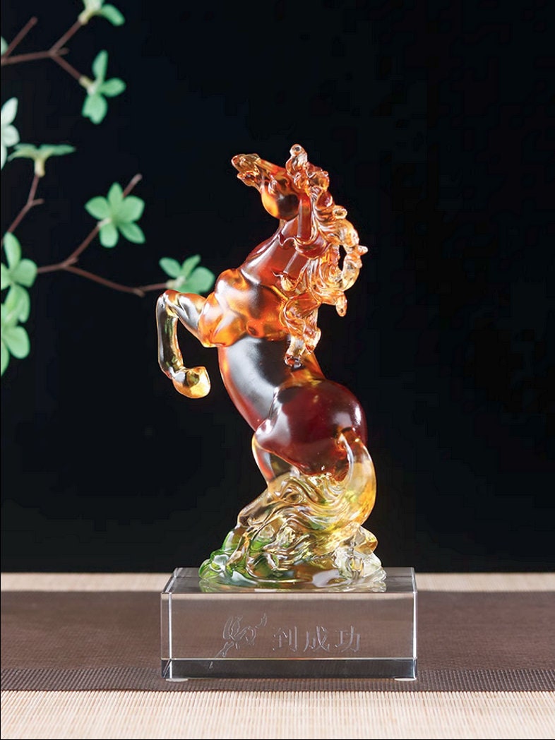 Auspicious Liu Li Glass Horse Sculpture & Statue | Fengshui | Home Decor | Office Blessing | Gift for Business