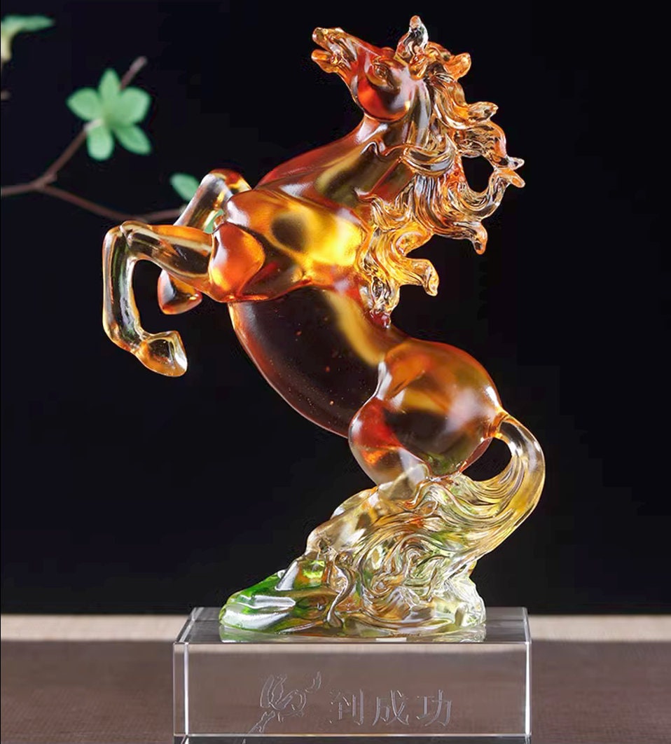 Auspicious Liu Li Glass Horse Sculpture & Statue | Fengshui | Home Decor | Office Blessing | Gift for Business