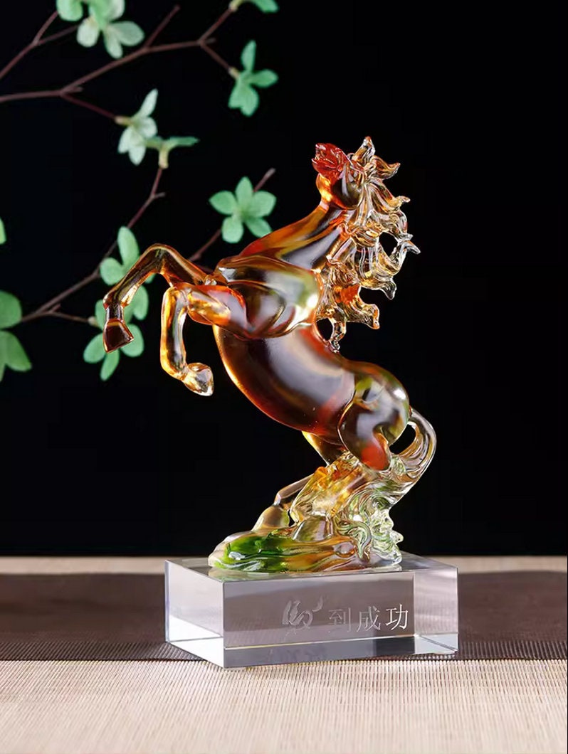 Auspicious Liu Li Glass Horse Sculpture & Statue | Fengshui | Home Decor | Office Blessing | Gift for Business
