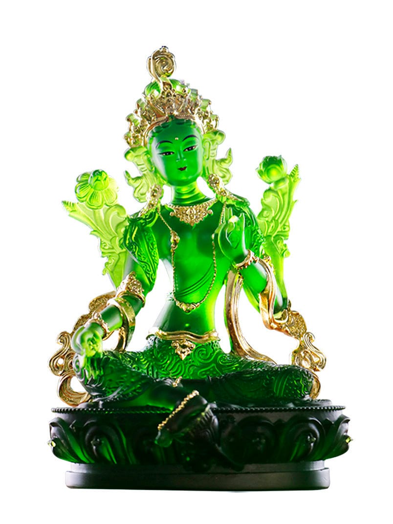 Liu Li Green Tara Buddha Statue with Gold Coating | Gift for him or her | Liu li Glass Sculputre Ornaments | Religion