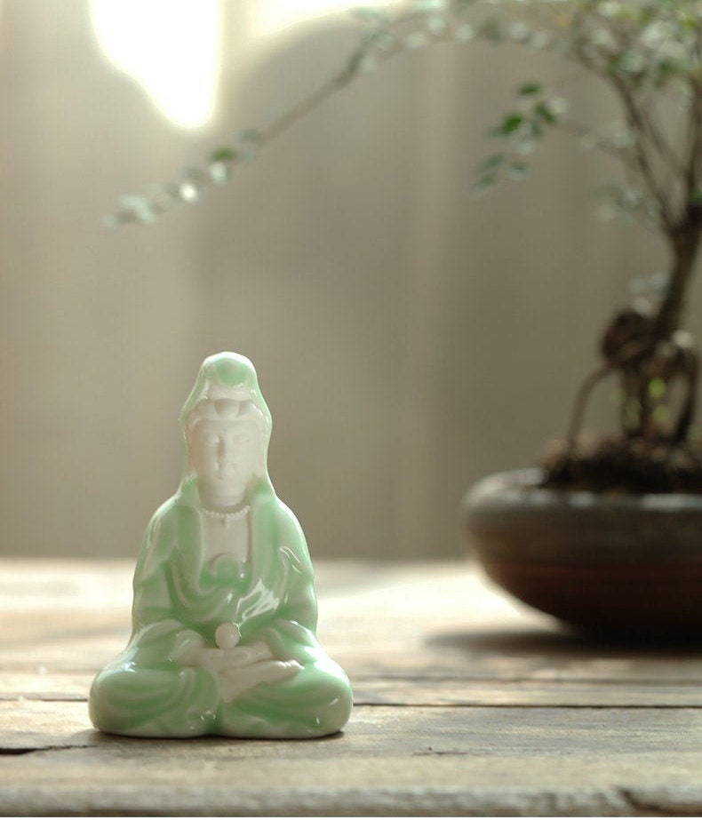 Meditation Handmade Jade Color Guan Yin Statue and Ornament | Gifting for him or her | Home Decoration | Buddha Statue