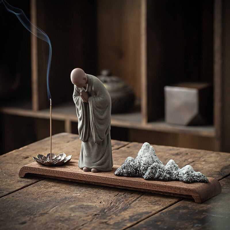 Monk Praying Meditation Lotus Incense Stick Holder | Peace Serenity Tranquility Calmness | Home Decoration | Office Ornaments