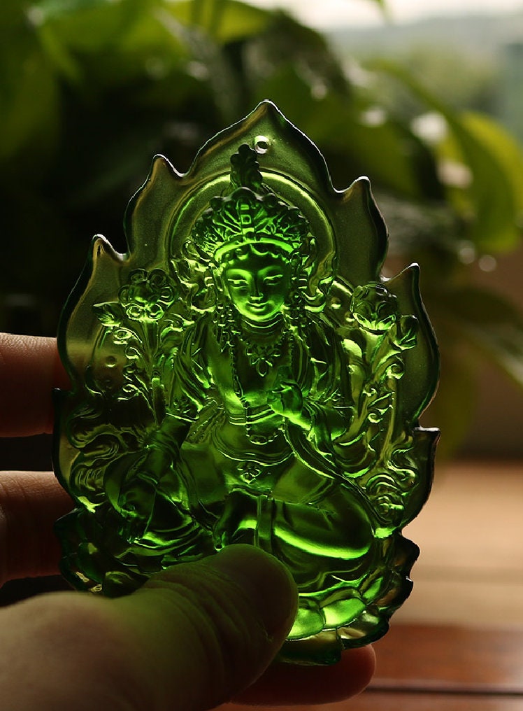 Handmade Green Tara Buddha Statue with Tealight Candle Holder | Bodhisattva Tara