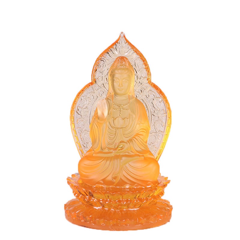 Orange Liu Li Guan Yin Statue Ornament | Spiritual Religion | Goddess of Compassion | Crystal Art | Buddha Decoration