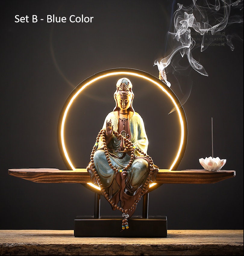 Porcelain Guan Yin Statue Decorative Set with LED light | Buddha Statue | Kuan Yin Quan Yin | Meditation | Home Decoration | Incense Burner