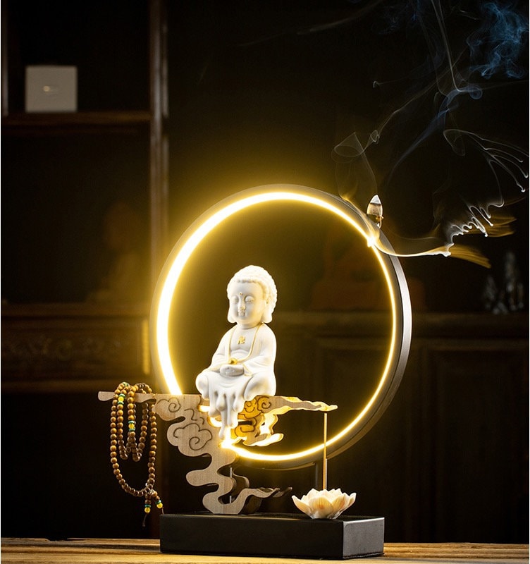 Ceramic Little Buddha Decorative Set with LED light and Incense Burner | Buddha Statue | Meditation | Home Decoration | Buddha Decoration