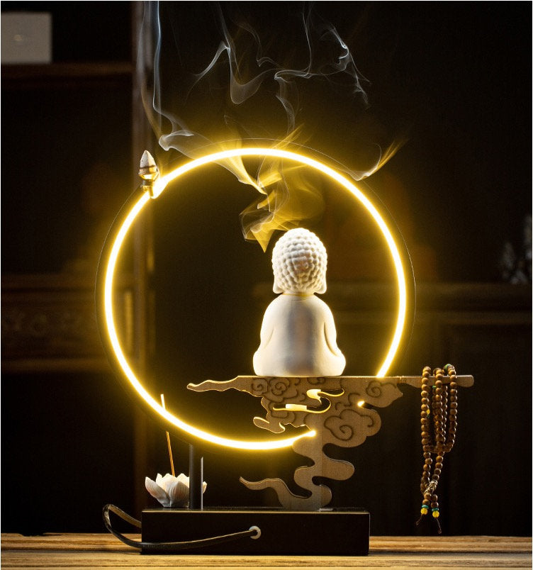 Ceramic Little Buddha Decorative Set with LED light and Incense Burner | Buddha Statue | Meditation | Home Decoration | Buddha Decoration