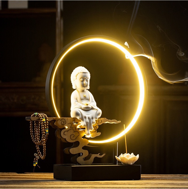 Ceramic Little Buddha Decorative Set with LED light and Incense Burner | Buddha Statue | Meditation | Home Decoration | Buddha Decoration