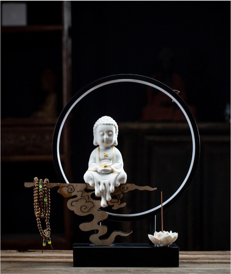 Ceramic Little Buddha Decorative Set with LED light and Incense Burner | Buddha Statue | Meditation | Home Decoration | Buddha Decoration