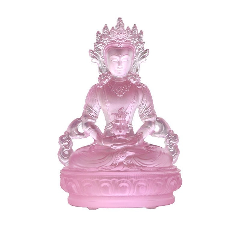 Liu Li Amitayus Buddha Statue | Glass Sculputre Ornaments | Religion | Longevity Buddha | Tibetan Mantra | Altar Praying | Meditation | Pink