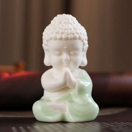 Ceramic White and Jade Green Buddha Statue Ornament | Home Garden Decoration | Planter Display | Meditation | Tea Pet