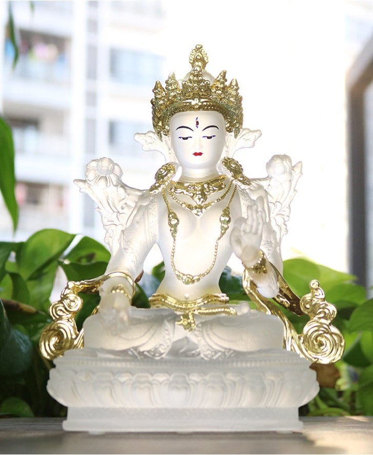 Liu Li White Tara Buddha Statue with Gold Coating and Face Painting | 22cm Height | Liu li Glass Sculputre Ornaments | Meditation & Altar
