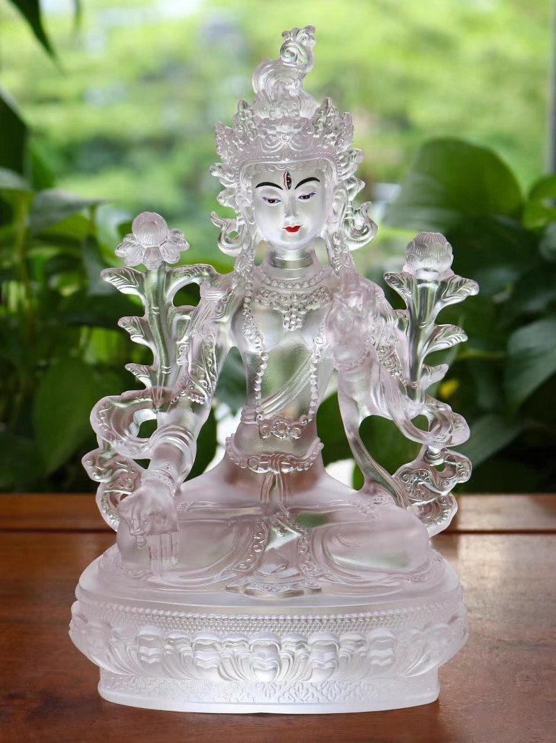 Liu Li White Tara Buddha Statue with Gold Coating | Gift for him or her | Liu li Glass Sculputre Ornaments | Religion