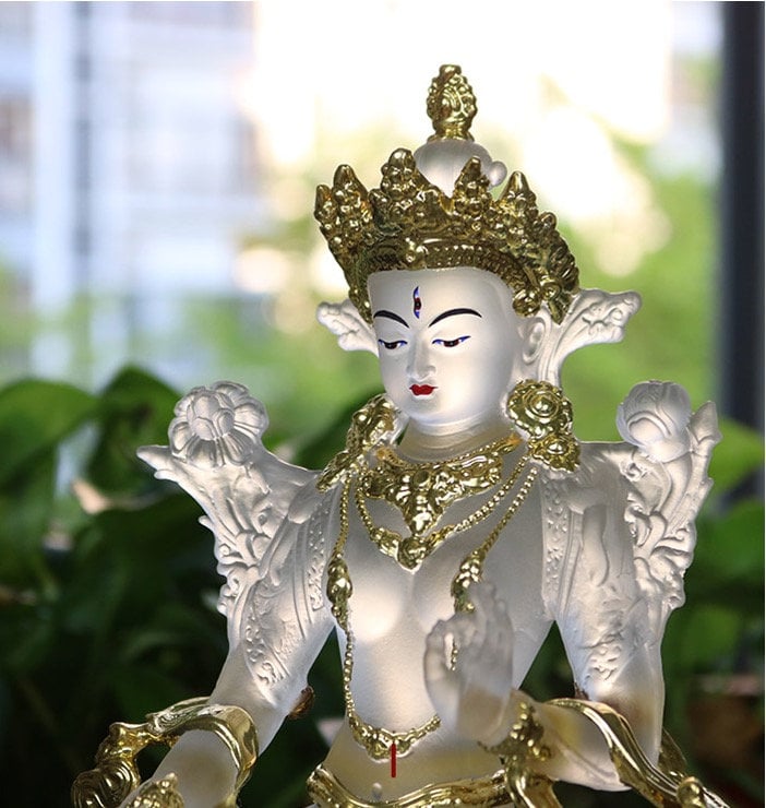 Liu Li White Tara Buddha Statue with Gold Coating and Face Painting | 22cm Height | Liu li Glass Sculputre Ornaments | Meditation & Altar