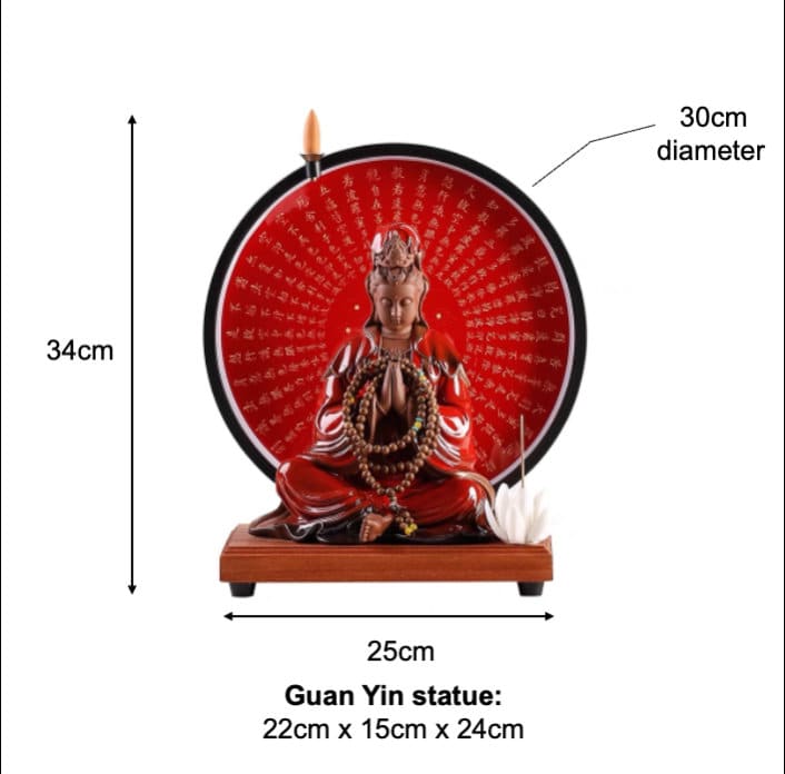 Guan Yin Statue Decorative Set with LED Heart Sutra | Buddha Statue | Kuan Yin Quan Yin | Meditation | Home Decoration | Incense Burner