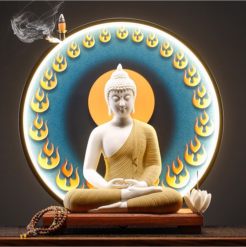 Gautama Buddha Statue Decorative Set with LED light background | Buddha Statue | Shakyamuni Buddha | Meditation | Home Decoration
