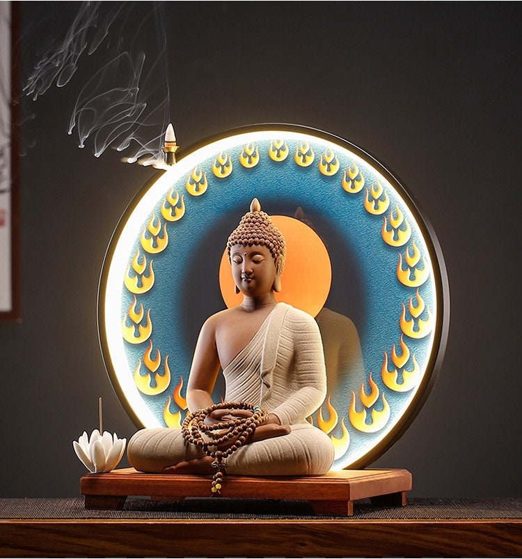 Gautama Buddha Statue Decorative Set with LED light background | Buddha Statue | Shakyamuni Buddha | Meditation | Home Decoration