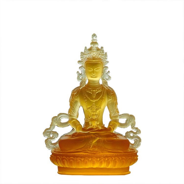 Liu Li Amitayus Buddha Statue | Glass Sculputre Ornaments | Religion | Longevity Buddha | Tibetan Mantra | Altar Praying | Meditation