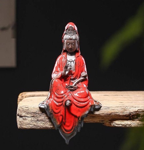 Beige and White Guan Yin Statue Decorative Set with LED light | Buddha Statue | Kuan Yin Quan Yin | Meditation | Home Decoration | Incense