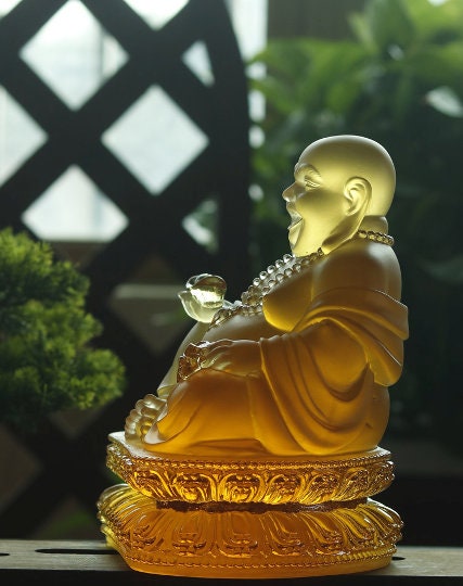 Liu Li Glass Amber Color Laughing Budda Statue | Ornament | Happiness Buddha | Good luck and Blessings