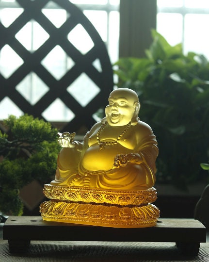 Liu Li Glass Amber Color Laughing Budda Statue | Ornament | Happiness Buddha | Good luck and Blessings