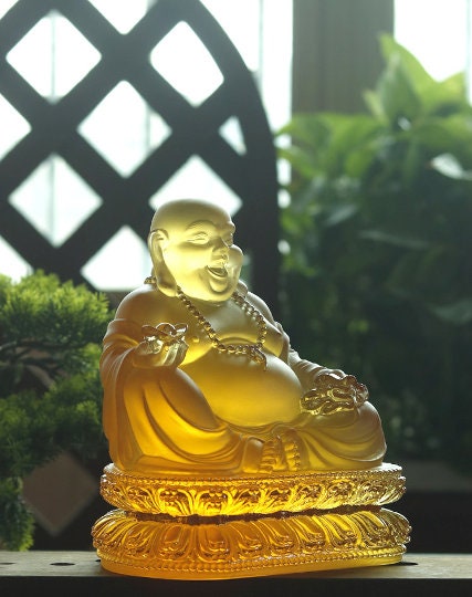 Liu Li Glass Amber Color Laughing Budda Statue | Ornament | Happiness Buddha | Good luck and Blessings
