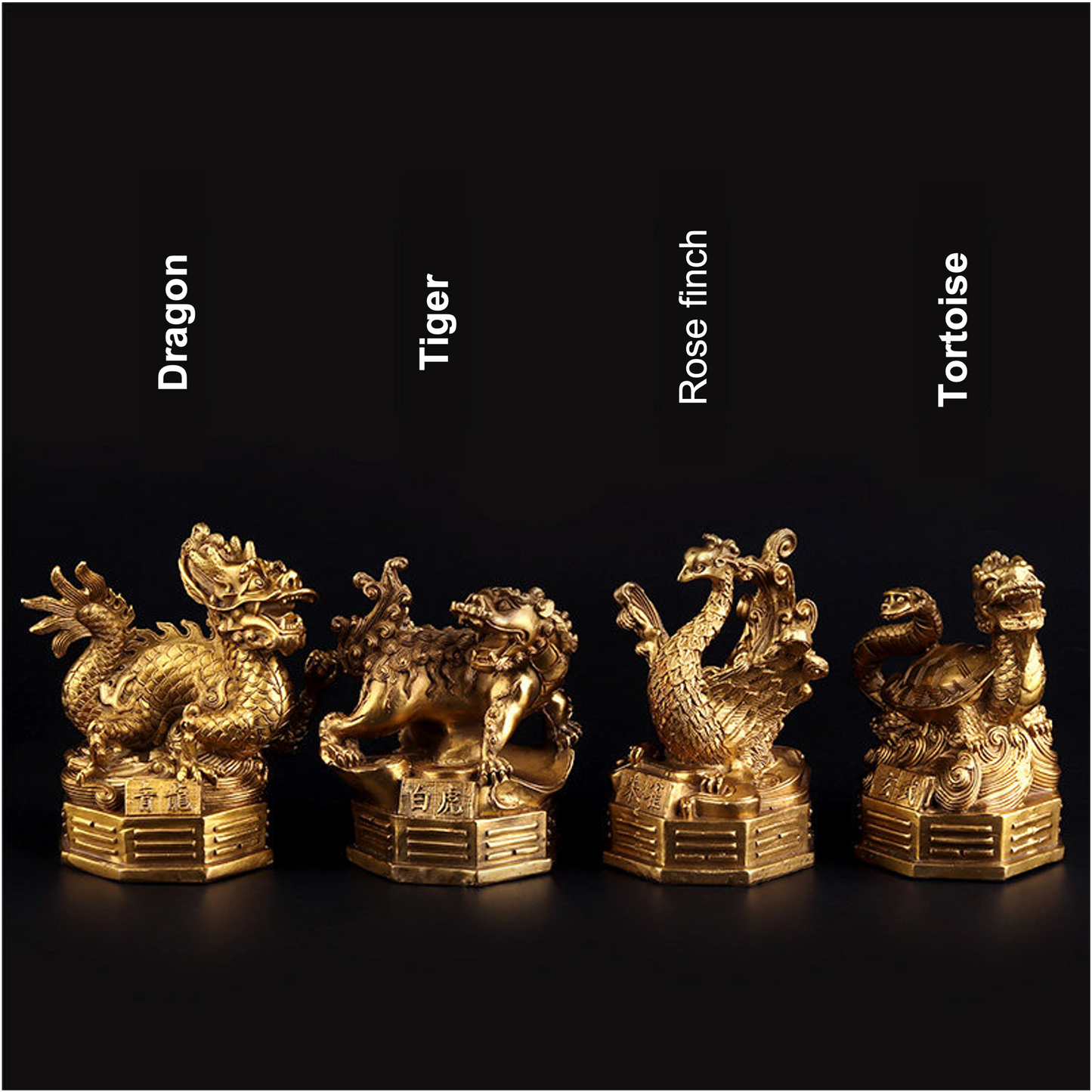 Brass Four Guardian Sculpture & Statue for Fengshui | Dragon Rosefinch Tiger Tortoise | Good Fortune and Prosperity | Home Office Decor