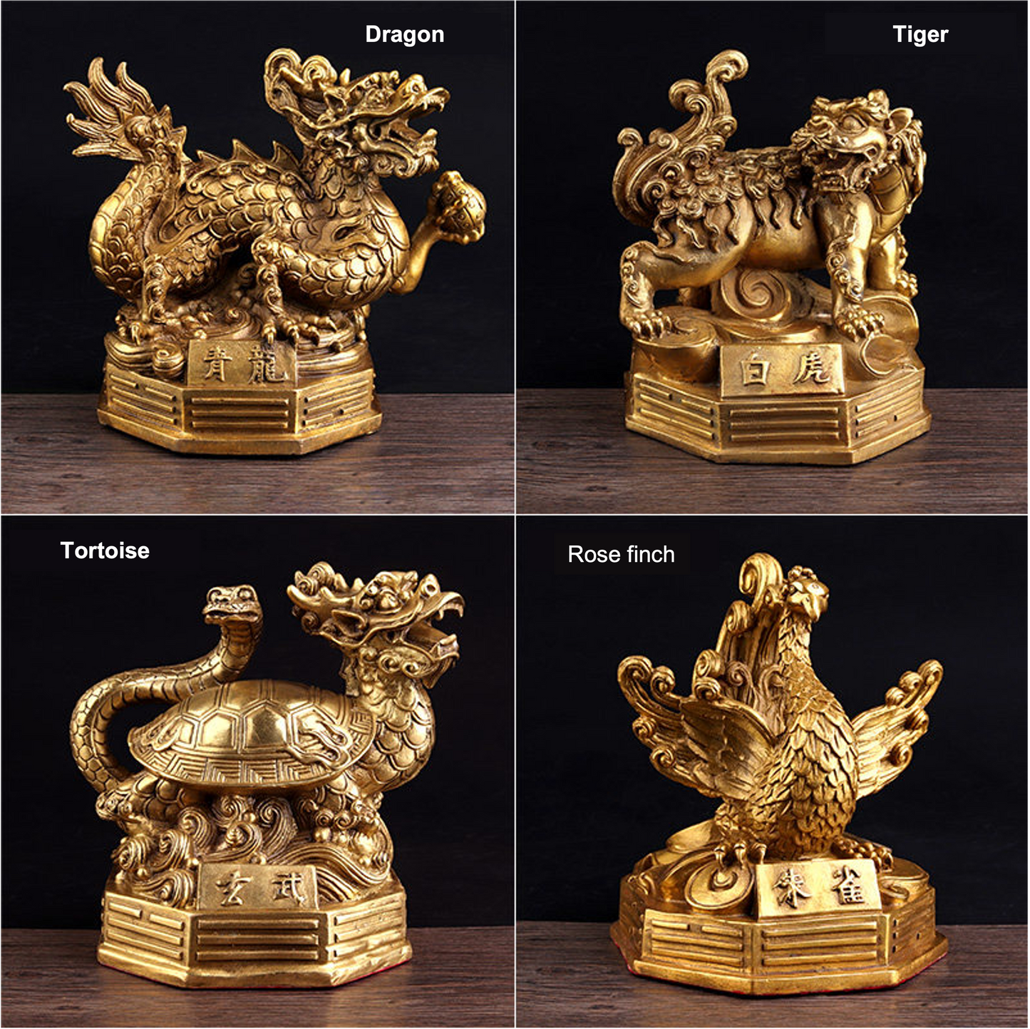 Brass Four Guardian Sculpture & Statue for Fengshui | Dragon Rosefinch Tiger Tortoise | Good Fortune and Prosperity | Home Office Decor