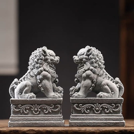 Auspicious Sandstone Foo Dogs Guardian Lion Sculpture & Statue | Fengshui | Home Decor | Office Blessing | Chinese architectural