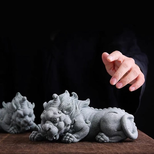 Auspicious Sand Stone Pi Xiu Sculpture & Statue | Fengshui | Good Fortune and Prosperity | Home Decor | Office Blessing