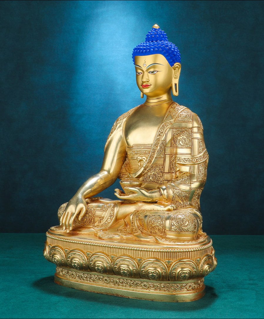 Handmade Tibetan Shakyamuni Gold Buddha Statue | Bhumisparsha mudra | Earth Touching Mudra | Meditation Statue