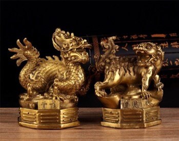 Brass Four Guardian Sculpture & Statue for Fengshui | Dragon Rosefinch Tiger Tortoise | Good Fortune and Prosperity | Home Office Decor