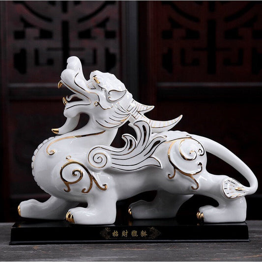 Ceramic Pi Xiu Sculpture & Statue | Fengshui | Good Fortune and Prosperity | Home Decor | Office Blessing | White and Red Pi Xiu