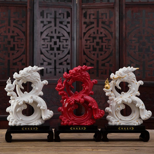 Ceramic Dragon Sculpture & Statue | Fengshui | Good Fortune and Prosperity | Home Decor | White and Red Color Figurines