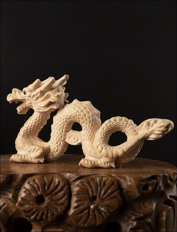 Wood Craft Dragon Sculpture & Statue | Fengshui | Good Fortune and Prosperity | Home and Office Display｜Mahogany Wood